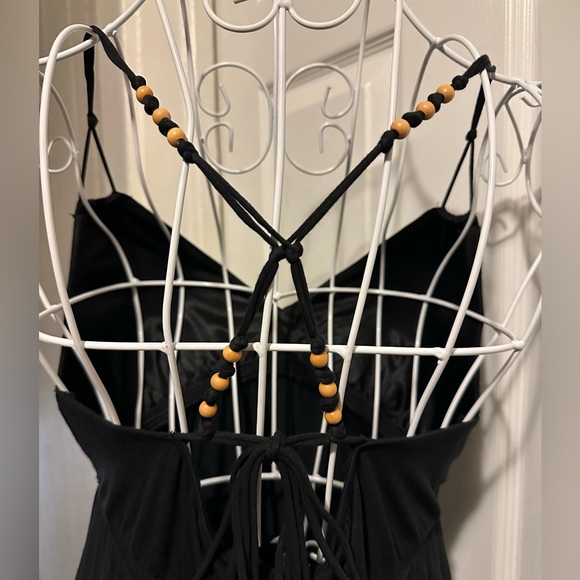 Vintage Cotton Wood Beaded Adjustable Straps Black Midi Dress - Picture 6 of 9